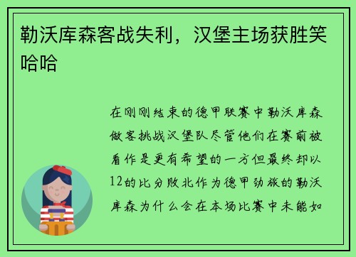 勒沃库森客战失利，汉堡主场获胜笑哈哈